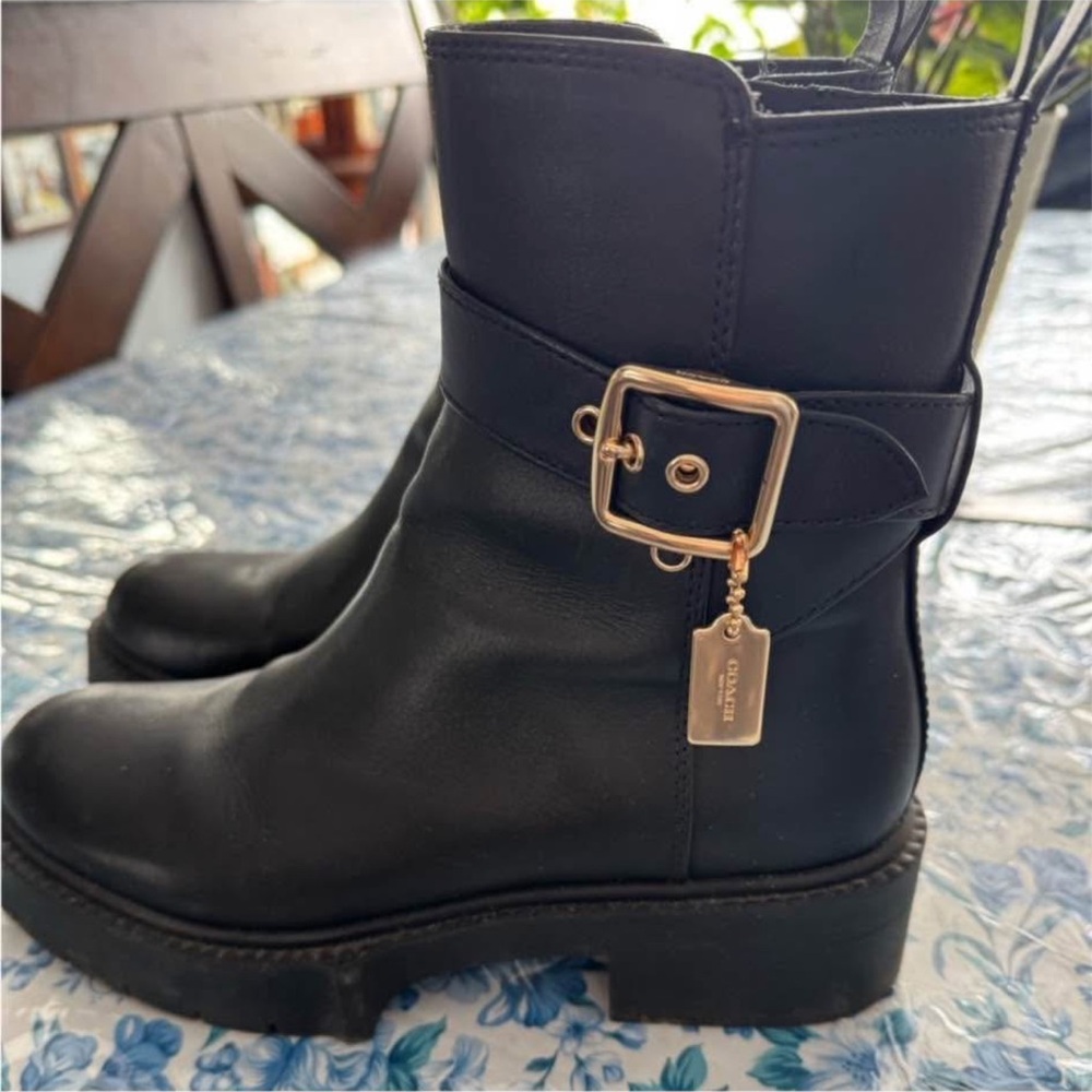 Coach Black Ankle Boots with Gold Buckle Lacey